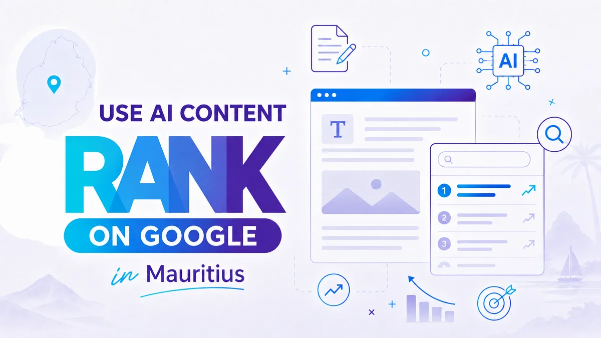 Illustration of AI content writing, SEO optimization, and human editing for a small business website in Mauritius