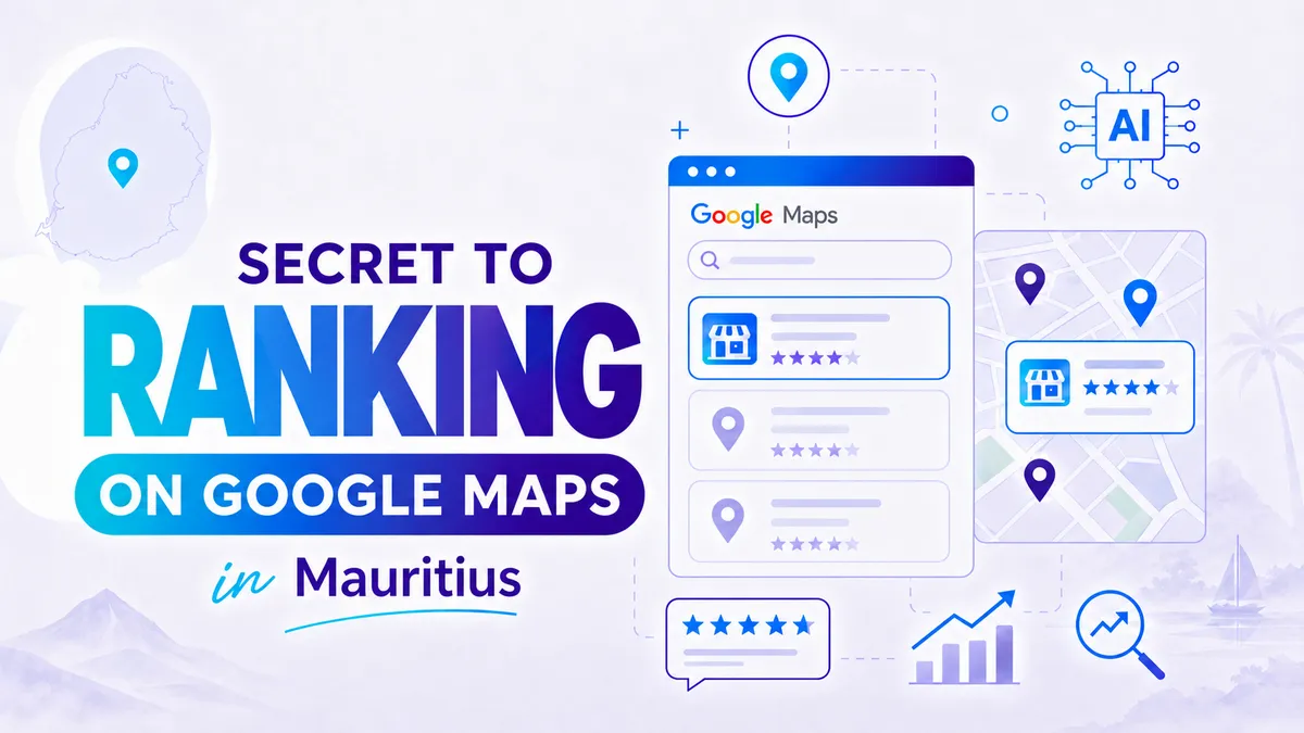 Illustration of Google Maps ranking, AI review automation, local SEO signals, and lead generation for Mauritius SMBs