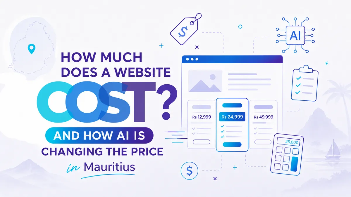 Illustration showing website cost, AI web design, speed, and digital tools for a small business website in Mauritius