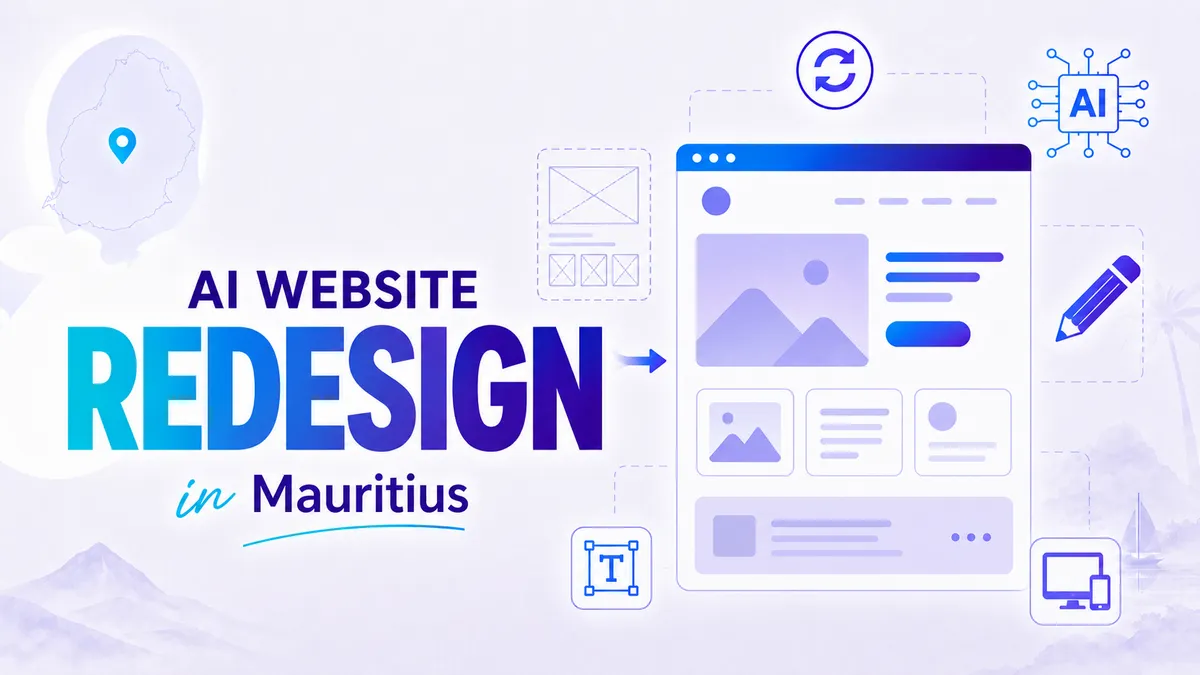 Illustration of an outdated website transformed with AI upgrades, smart forms, speed optimization, and lead generation for Mauritius SMBs