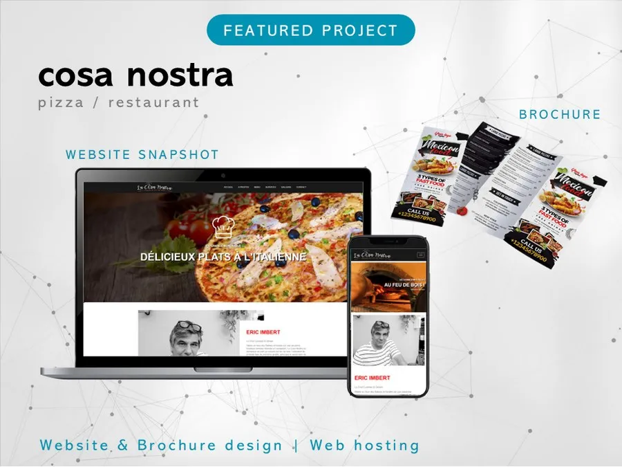 Projet création site web restaurant Cosa Nostra avec menu et brochures à Tamarin Maurice